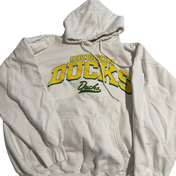 Old Varsity Brand Sweaters - Oregon Ducks White Crewneck Hoodie with Yellow & Green Logo